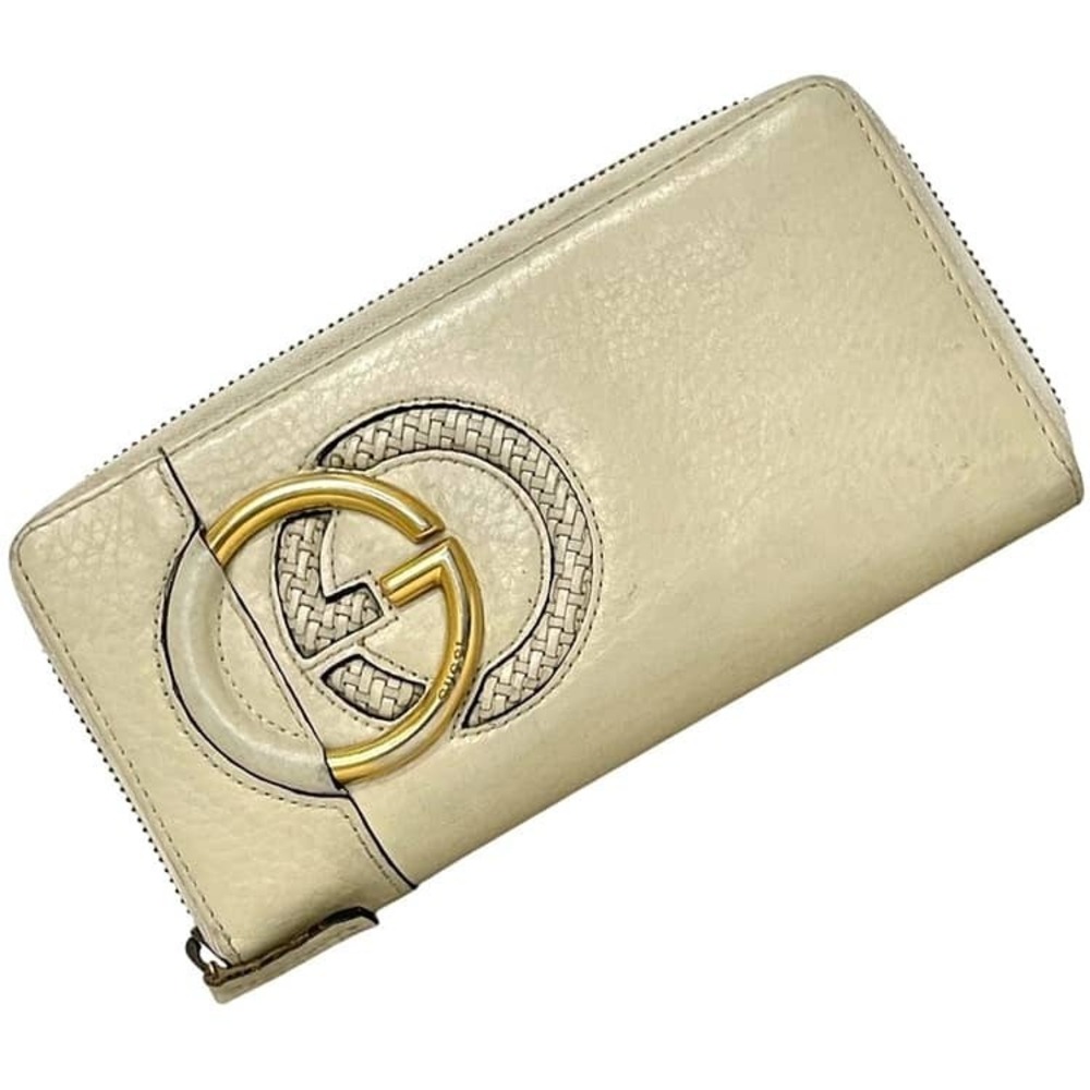 Gucci Long Wallet Round Zipper Interlocking Leather Beige Tan